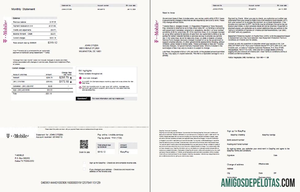 Em branco modelo de fatura de serviços públicos móveis da USA T em formatos Word e PDF, 2 páginas, versão 2